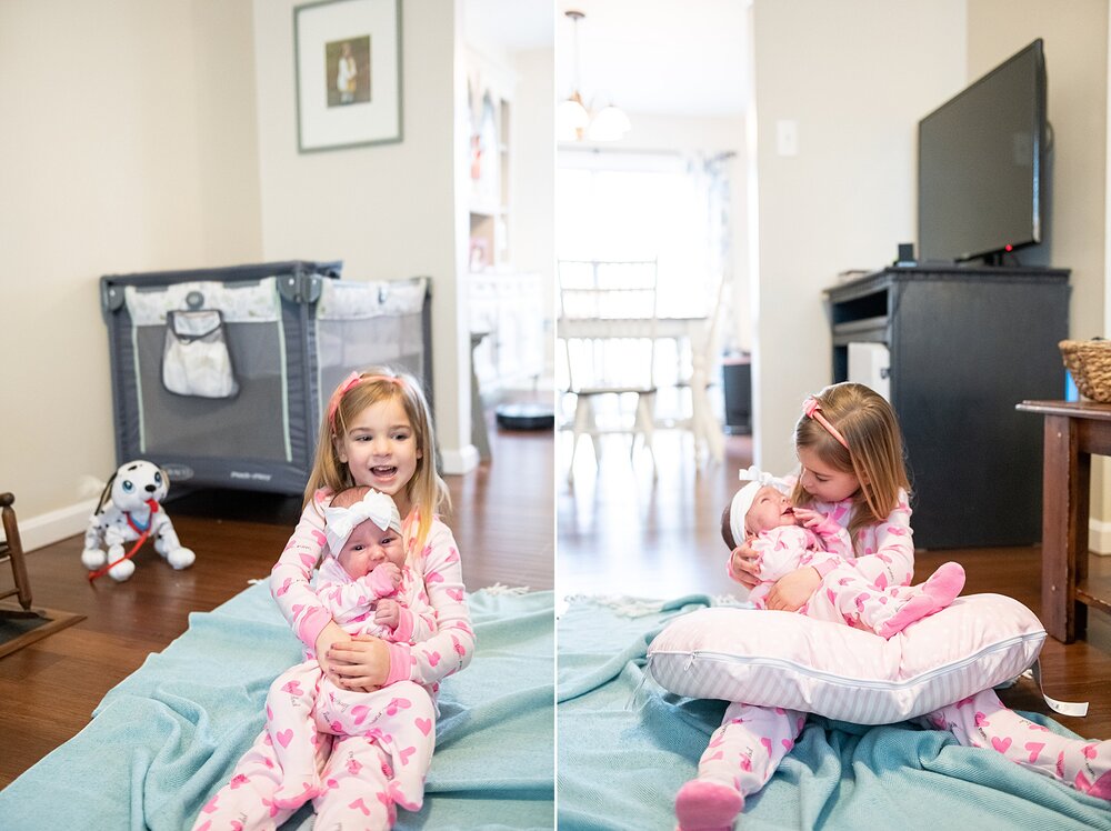 In home lifestyle newborn portraits in Frederick MD with Wendy Zook Photography | Family of four welcomes new baby, baby girl newborn photos at home, Maryland newborn photographer