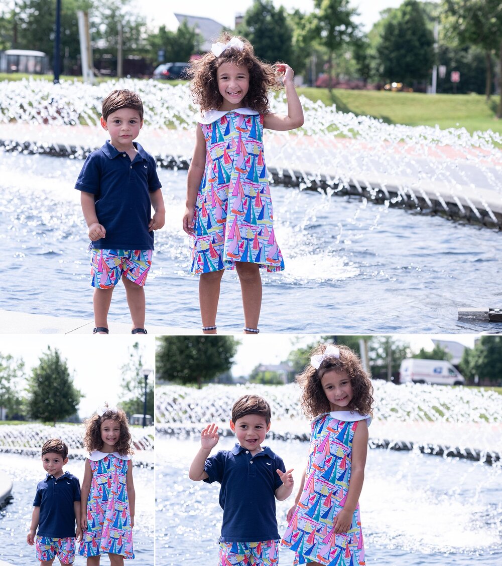 summer family photos by fountain in Downtown Frederick MD