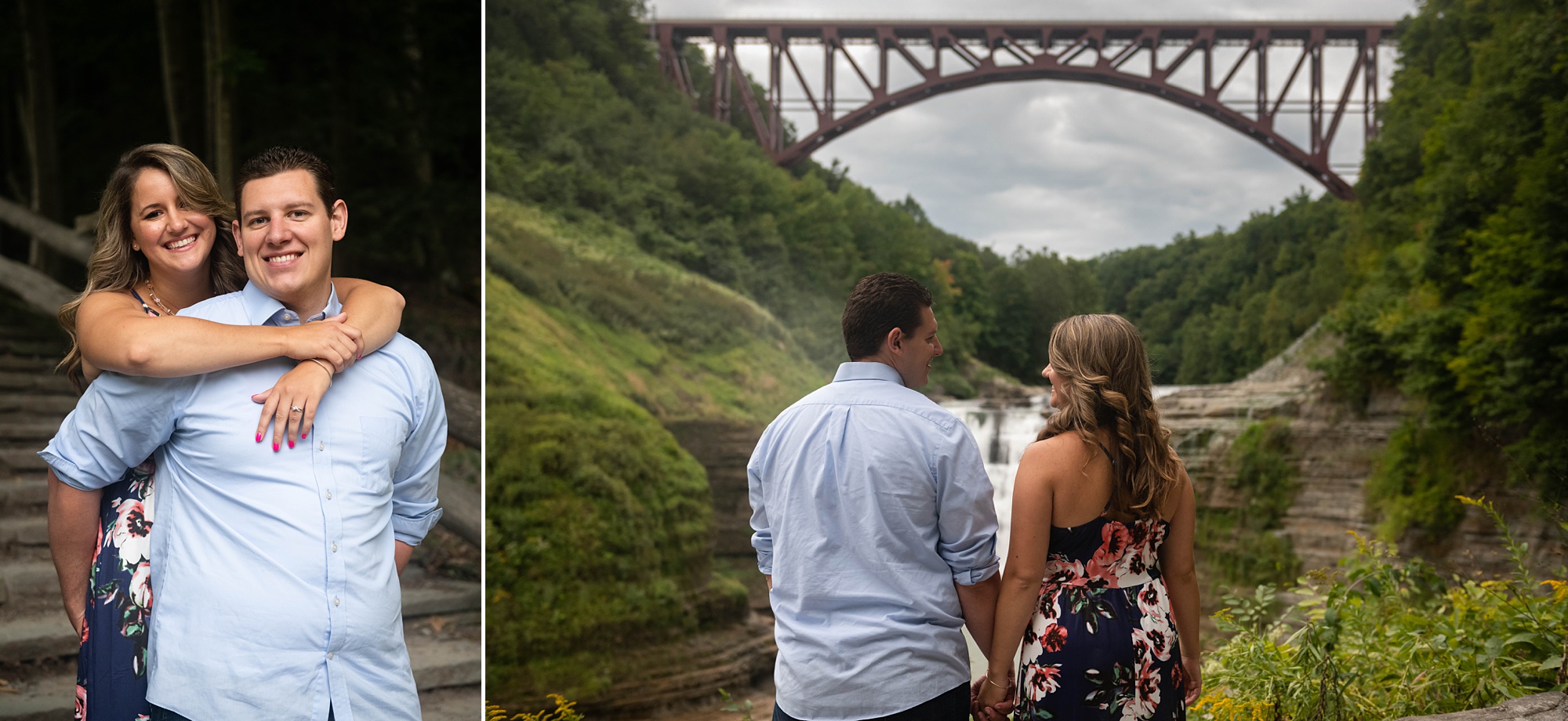 destination engagement session with couple posing by bridge