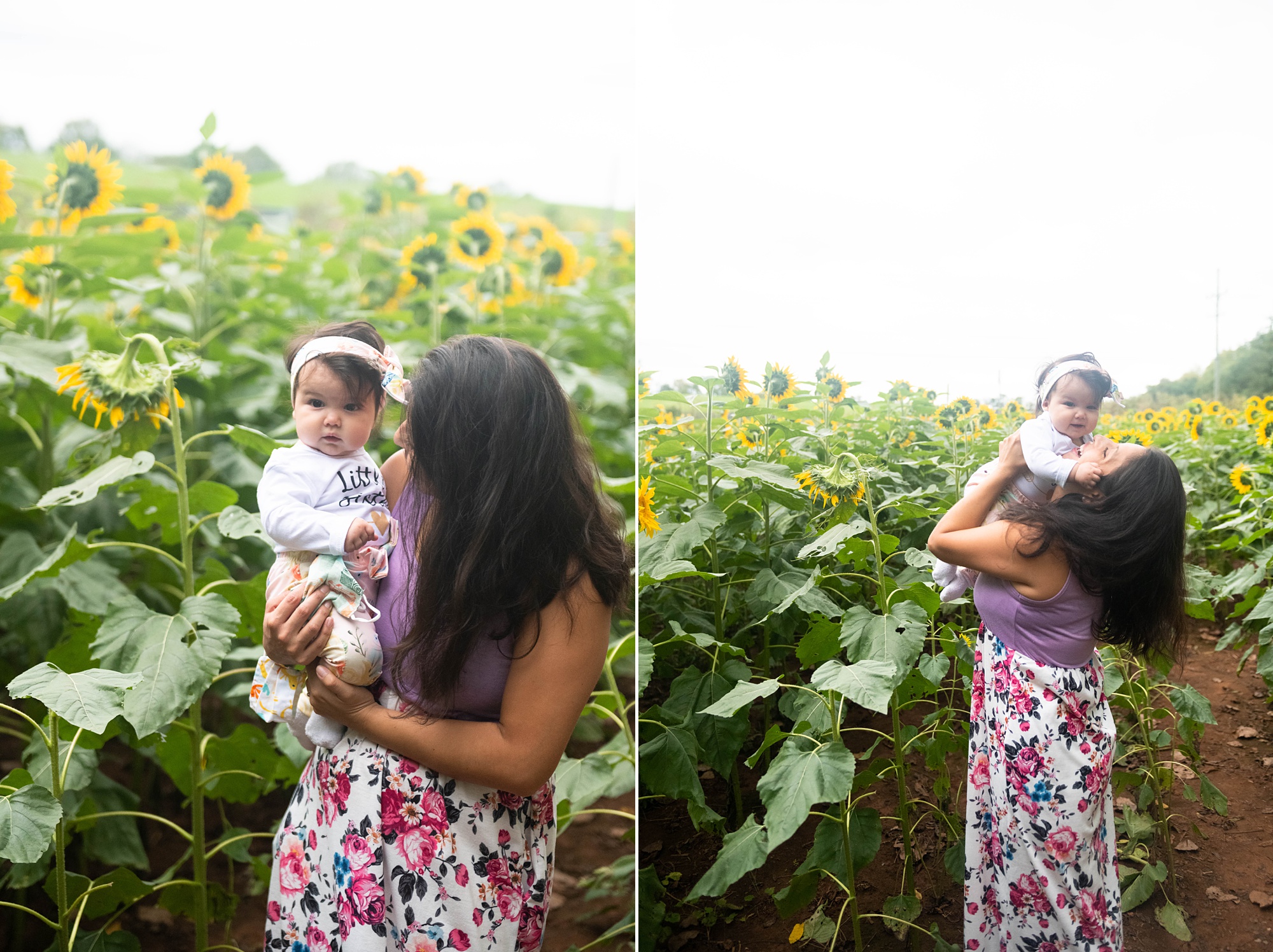 mom holds baby girl during Sunflower Photo Session