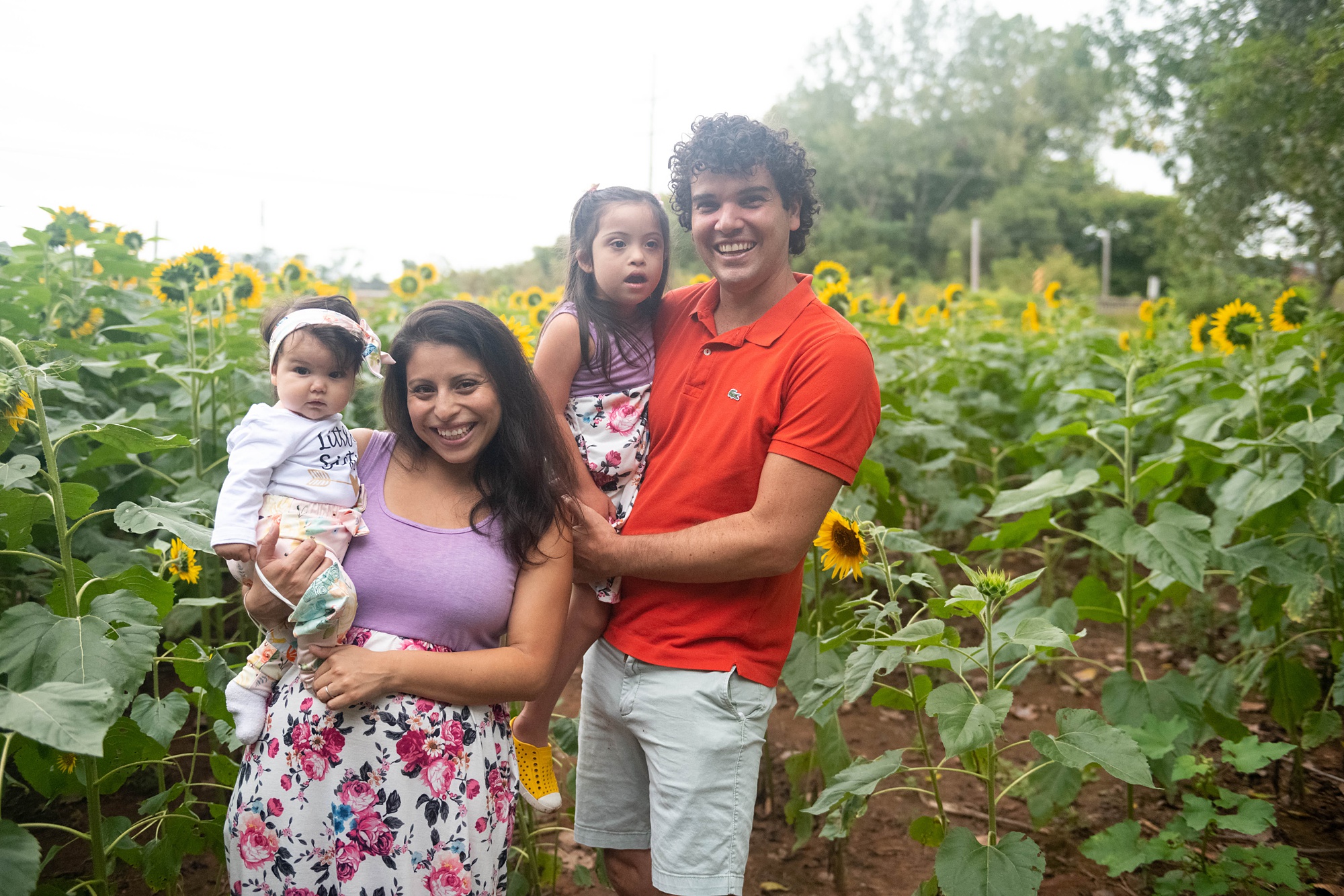 family of four poses in sunflower field at Rocky Point Creamery 
