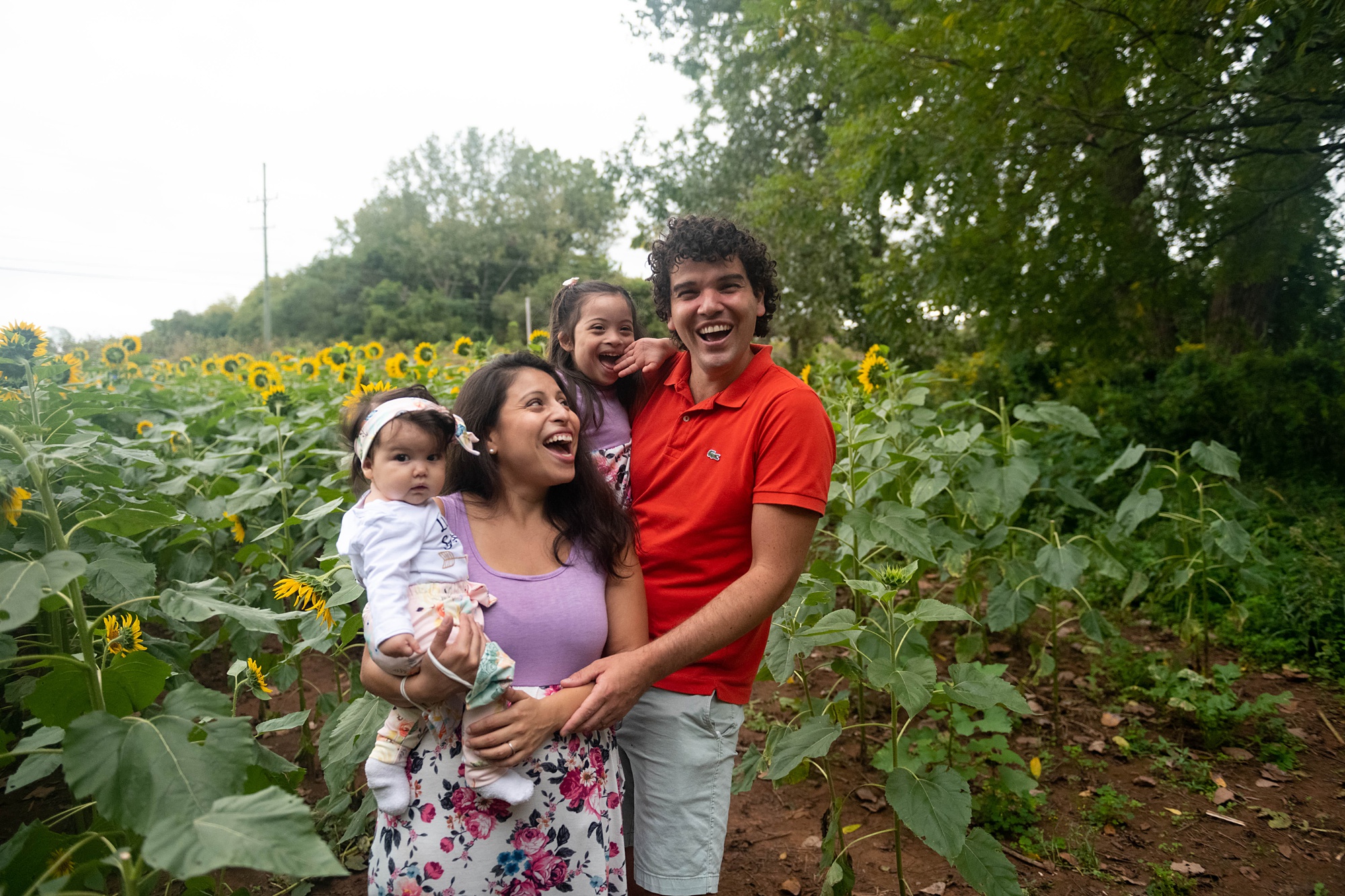family of four poses during Sunflower Photo Session
