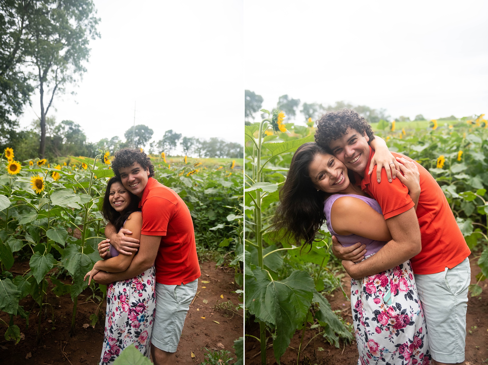 husband and wife pose together in sunflower field at Rocky Point Creamery 
