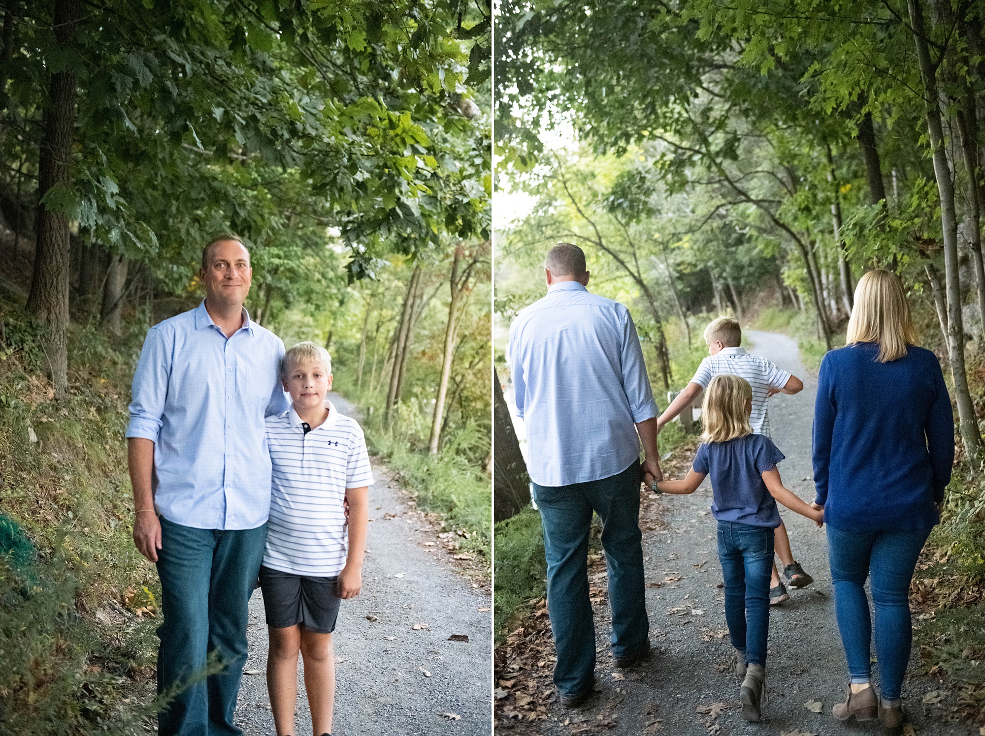 family walks through path along lake