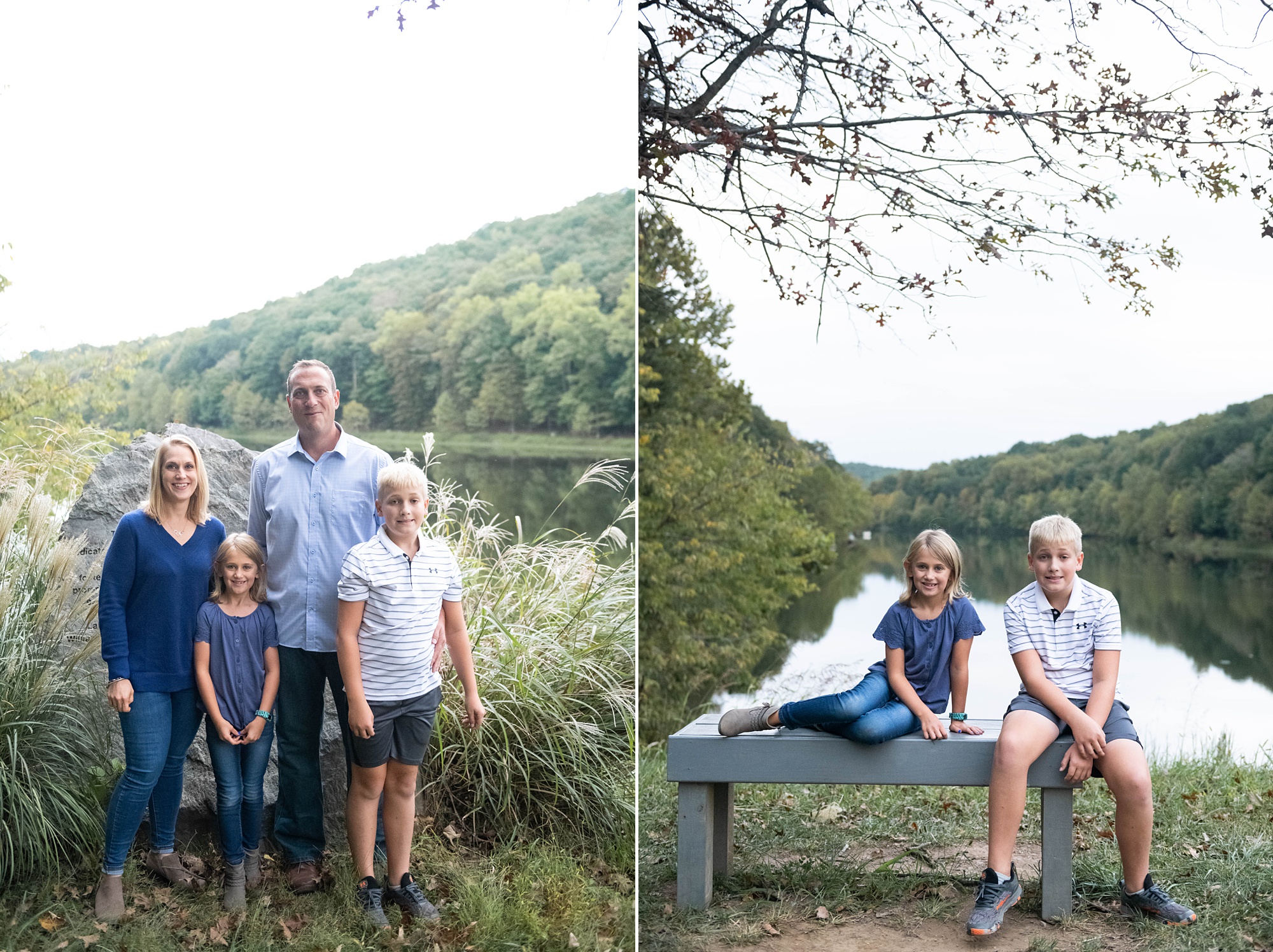 family of four poses by lakefront during Photo Session in Lake Linganore