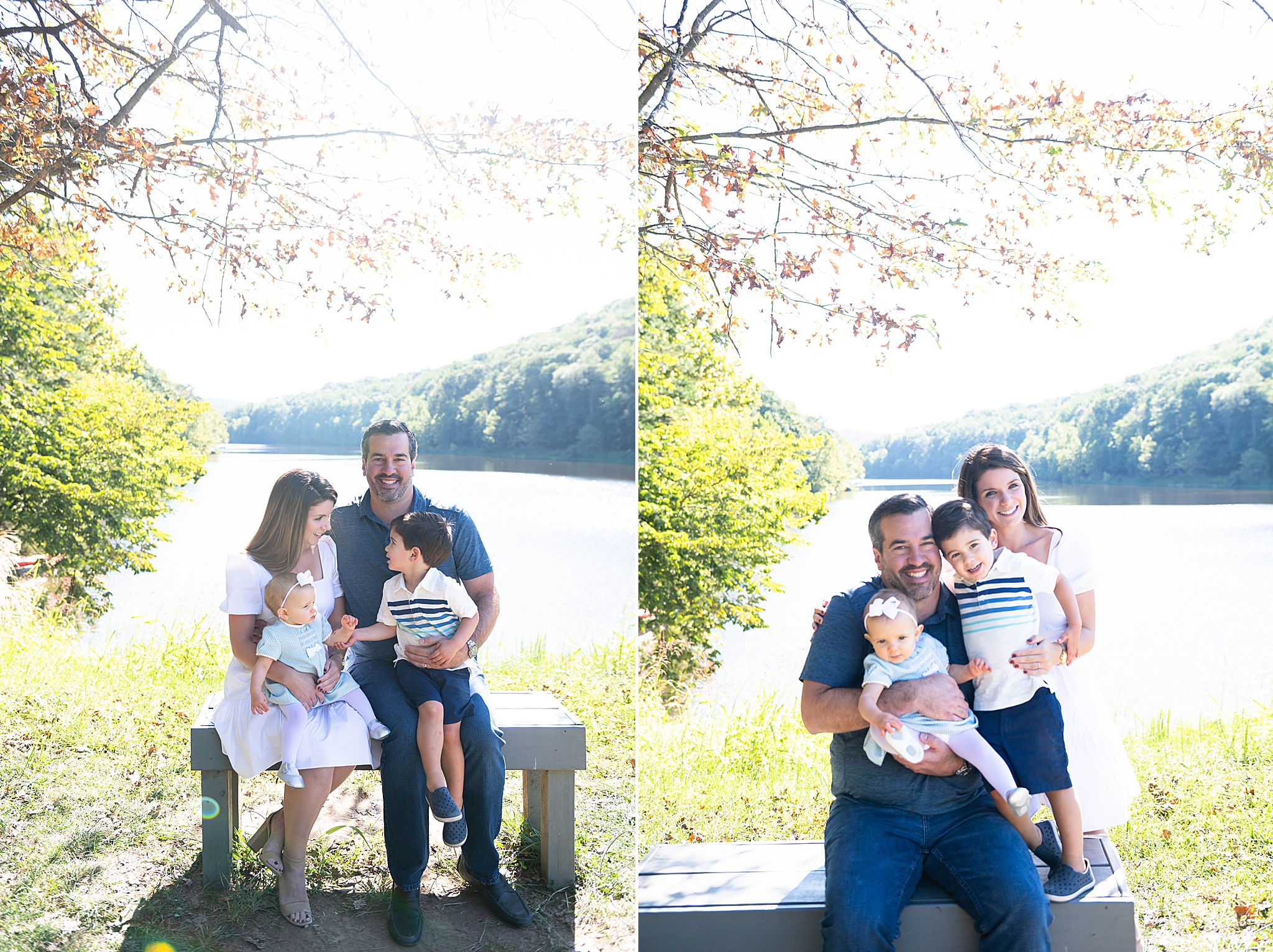 family of four poses on bench during lakefront family photo session