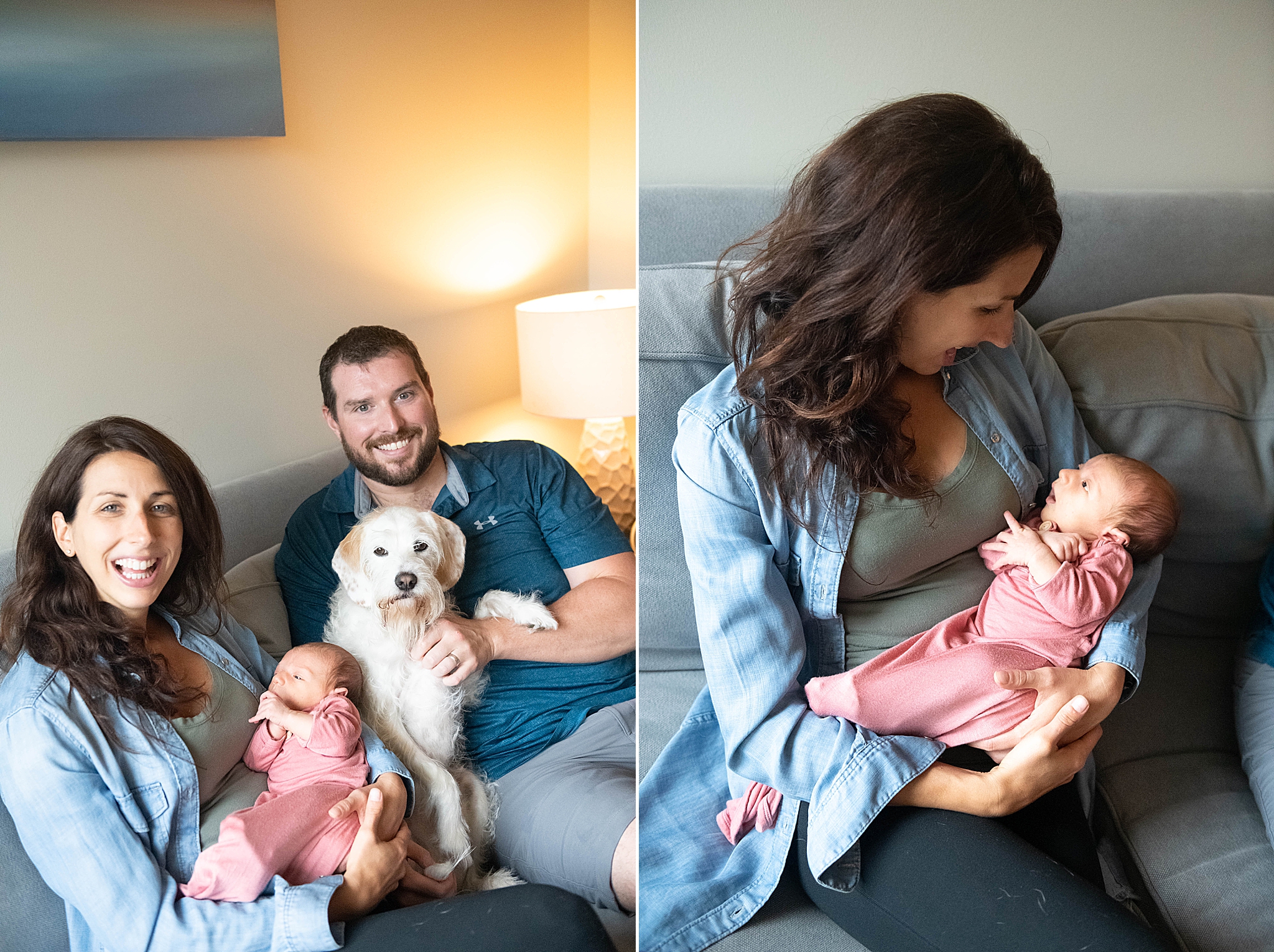 parents hold baby girl during newborn session at home