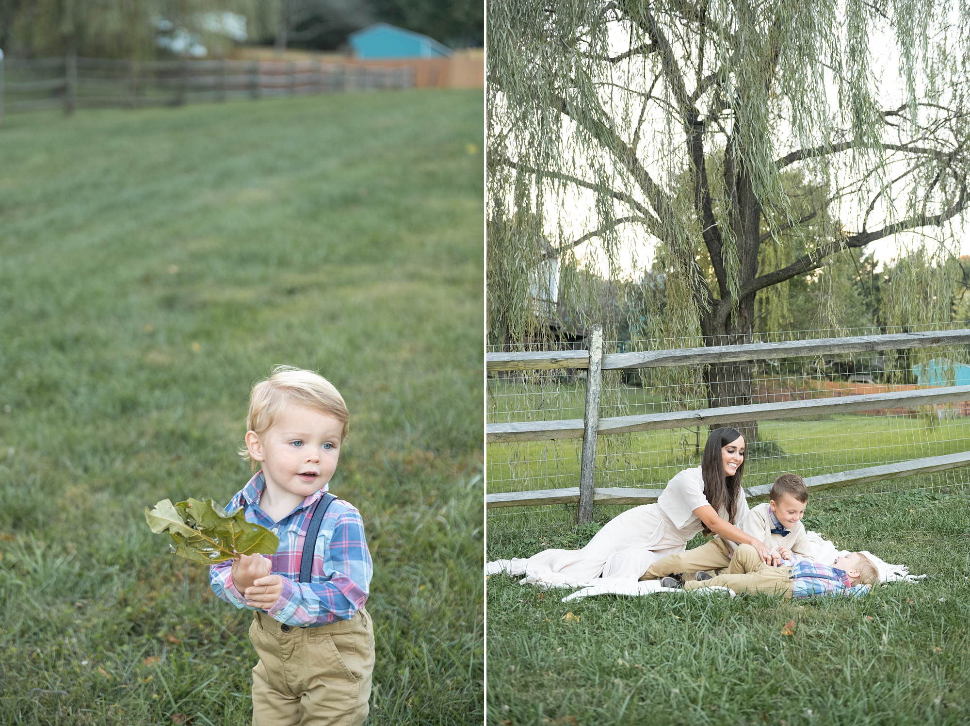 toddler walks around with leaf during family photos