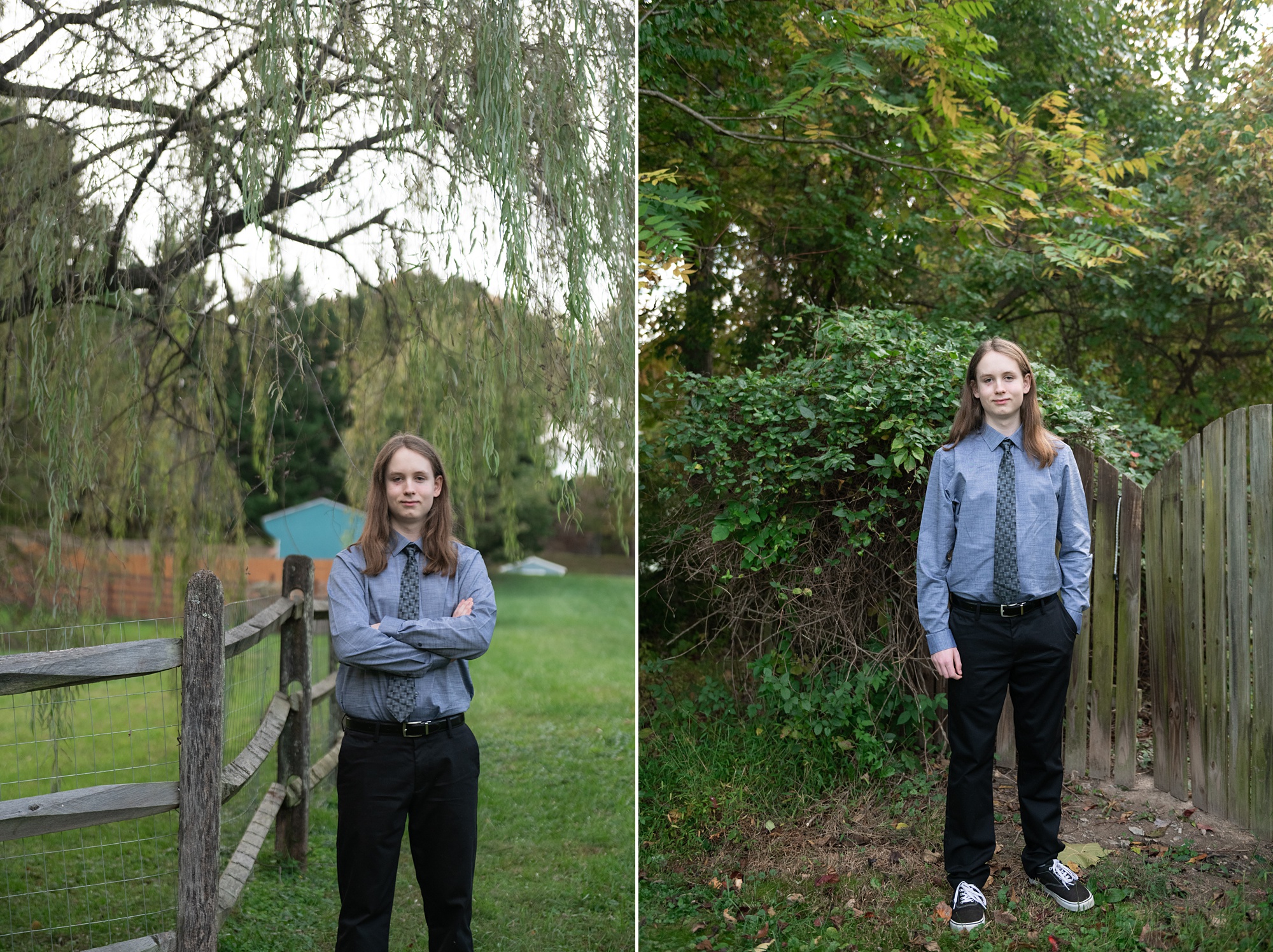 senior poses by willow tree in Frederick County