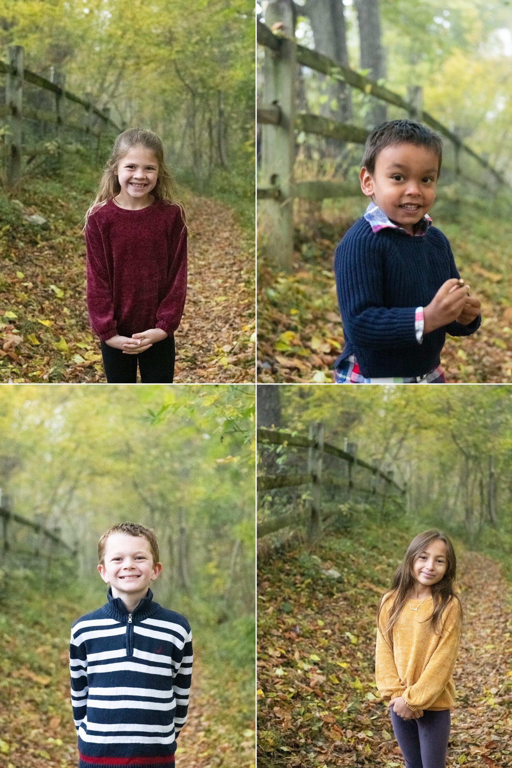 portraits of children on fall path in Frederick MD
