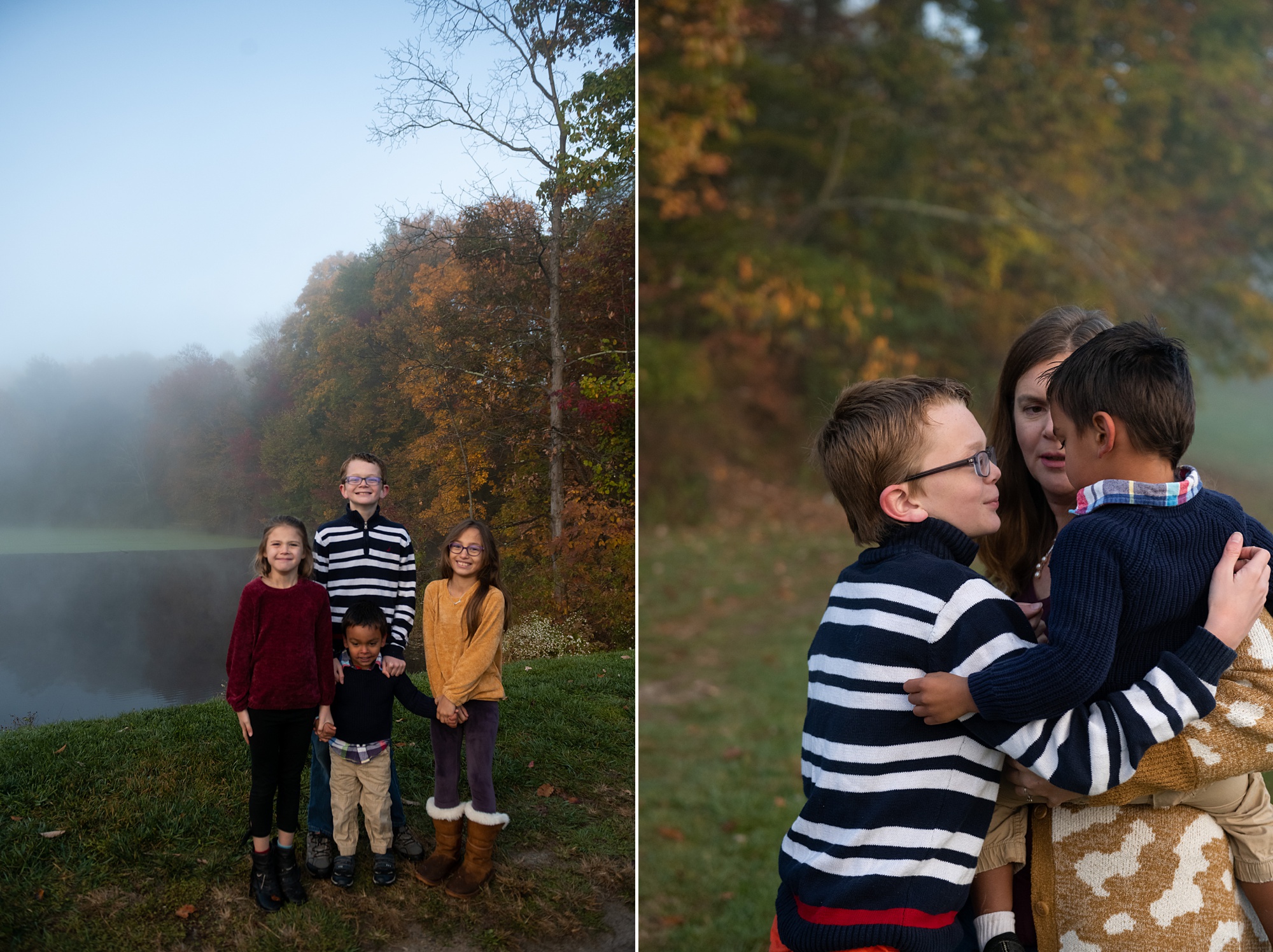 foggy family portraits along lake in Maryland