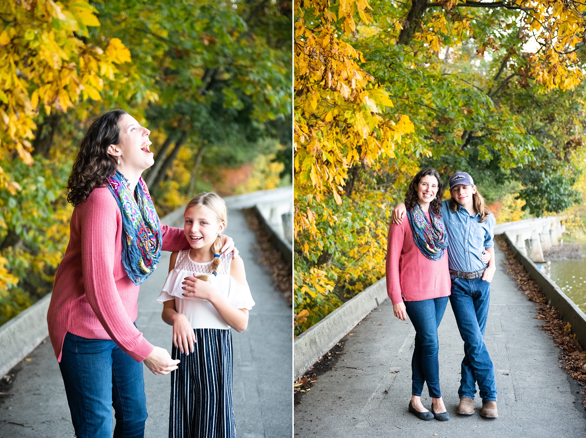 mom laughs with kids during family photos in the fall