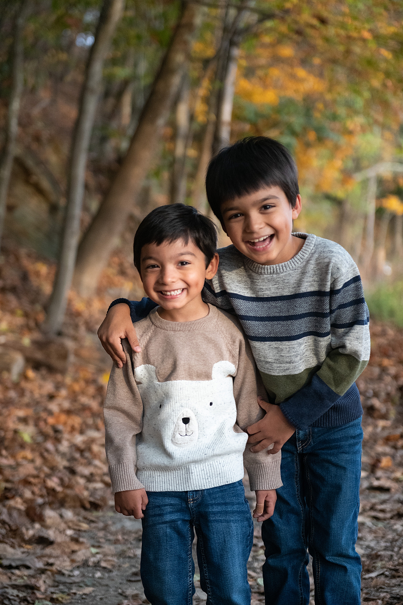 brother pose in playful sweaters during Lake Linganore family photo session