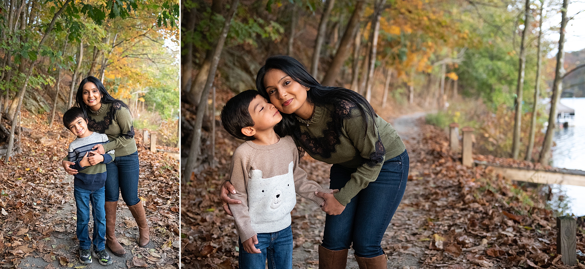 mom hugs sons during Maryland family portraits in the fall