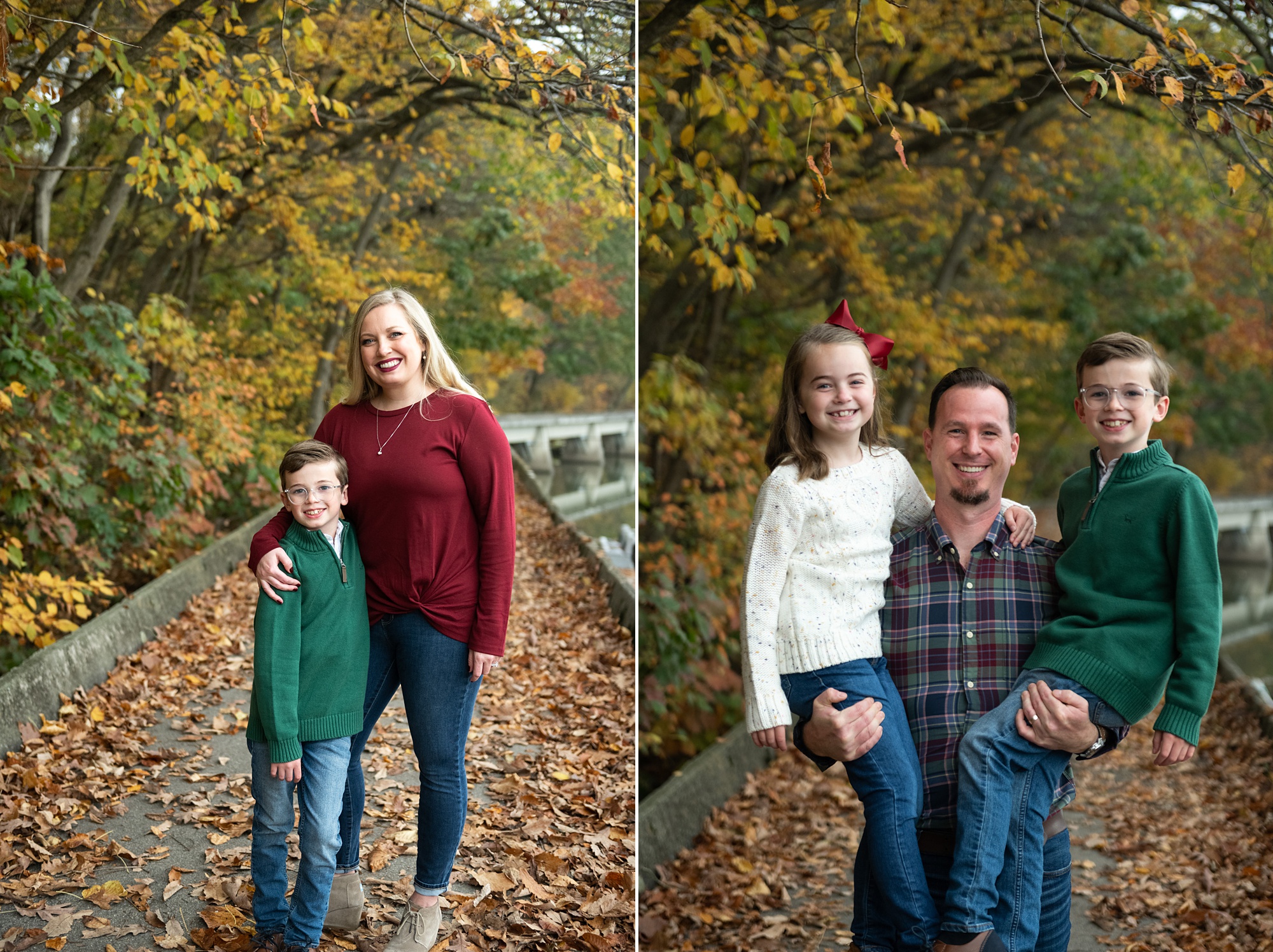 mom poses with son and dad lifts kids up during fall family photos