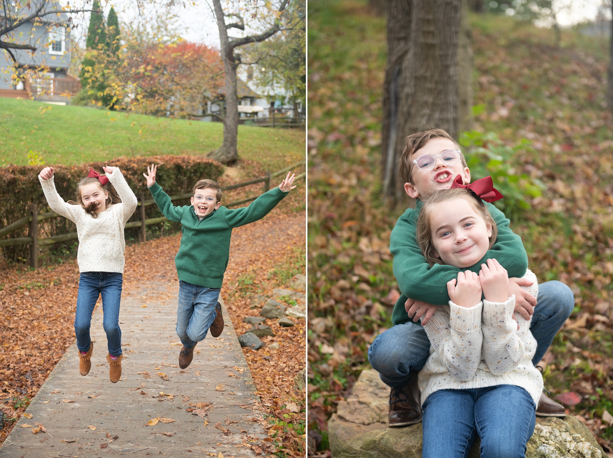siblings goof off during family photos in Maryland
